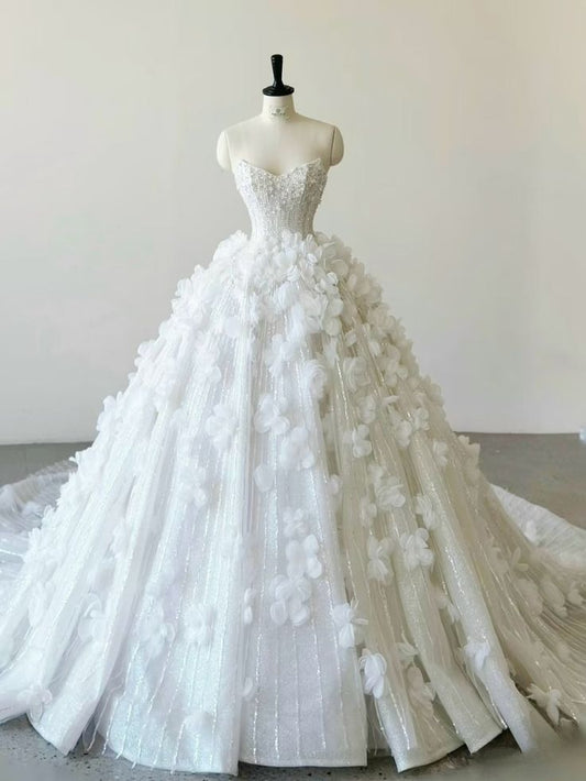Dreamy Ball Gown Strapless Satin Sequin Applique Long Wedding Dress GG2961