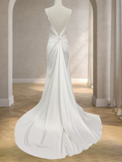 Vestido de novia largo de satén blanco, sencillo, con escote en V y corte sirena, sin espalda, GG2966