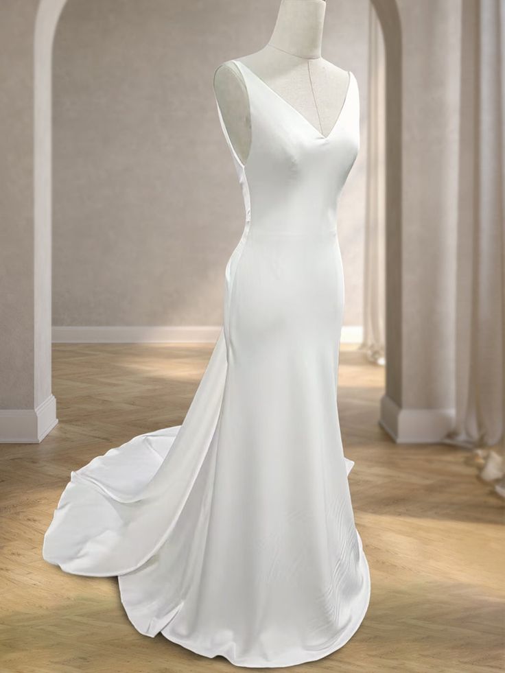 Vestido de novia largo de satén blanco, sencillo, con escote en V y corte sirena, sin espalda, GG2966