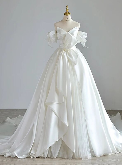 Elegante vestido de novia largo de tul satinado blanco con hombros descubiertos GG2968