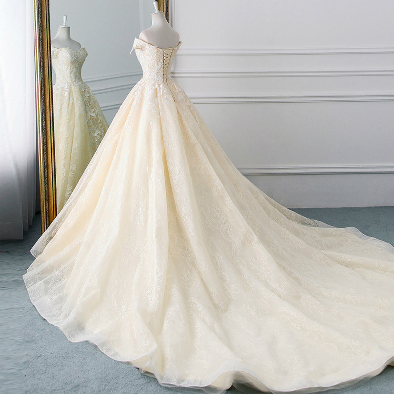 Vestido de novia largo clásico con hombros descubiertos, tul champán, apliques de encaje y cola, GG2970