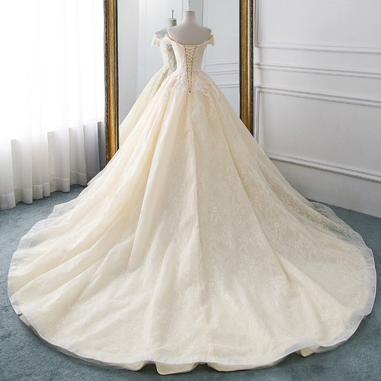 Vestido de novia largo clásico con hombros descubiertos, tul champán, apliques de encaje y cola, GG2970