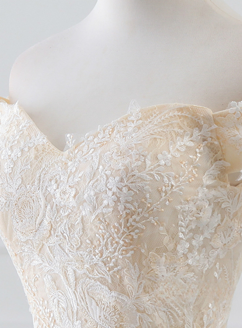 Vestido de novia largo clásico con hombros descubiertos, tul champán, apliques de encaje y cola, GG2970