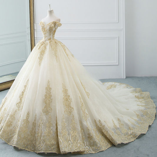 Timeess Ball Gown Off The Shoulder Tulle Lace Applique Long Wedding Dress GG2972