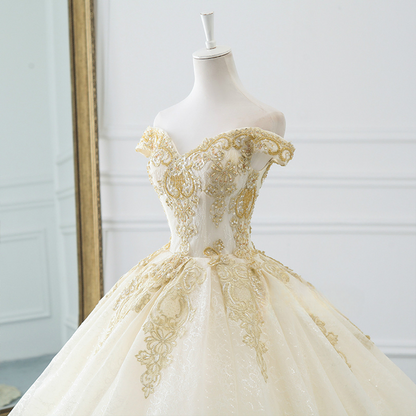Timeess Ball Gown Off The Shoulder Tulle Lace Applique Long Wedding Dress GG2972