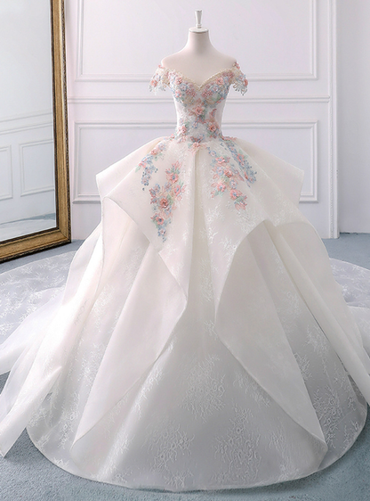 Dreamy Ball Gown Off The Shoulder Lace Applique Long Wedding Dress GG2973