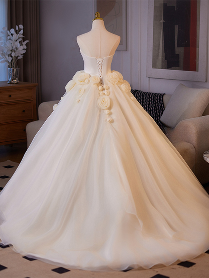 Classy Elegant Ball Gown Strapless Ivory Satin Tulle Applique Long Wedding Dress GG2975