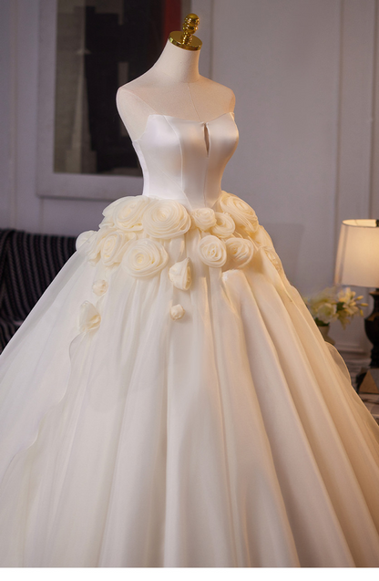 Classy Elegant Ball Gown Strapless Ivory Satin Tulle Applique Long Wedding Dress GG2975