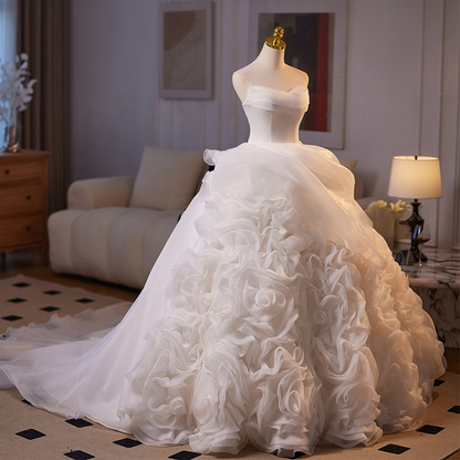 Vintage Elegant Ball Gown Strapless White Satin Chiffon Long Wedding Dress GG2976