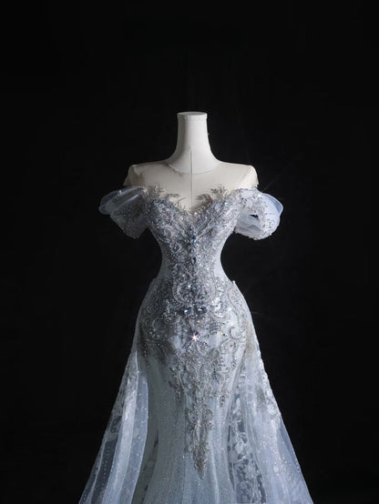 Vestido de novia largo de sirena con hombros descubiertos, tul, lentejuelas y cuentas, estilo atemporal GG2979