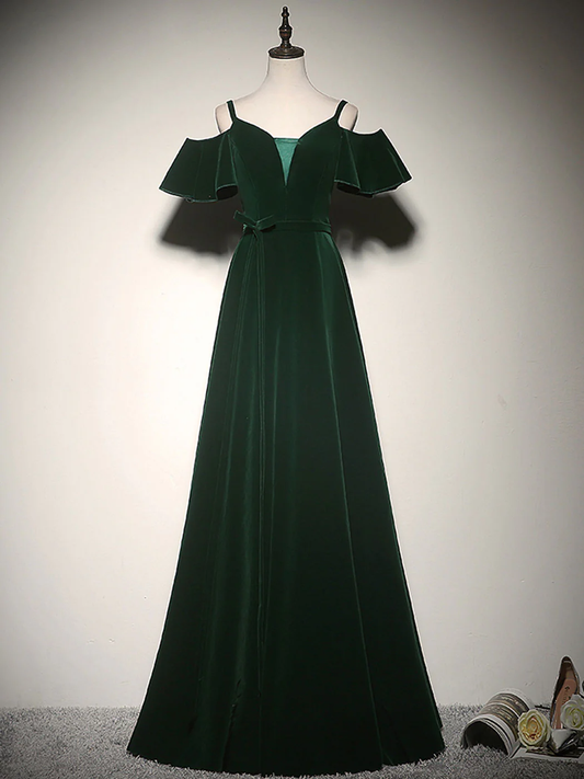 Elegante vestido de fiesta largo de terciopelo verde con hombros descubiertos y tirantes finos, vestido de noche GG297