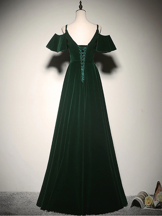 Elegante vestido de fiesta largo de terciopelo verde con hombros descubiertos y tirantes finos, vestido de noche GG297