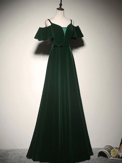 Elegante vestido de fiesta largo de terciopelo verde con hombros descubiertos y tirantes finos, vestido de noche GG297