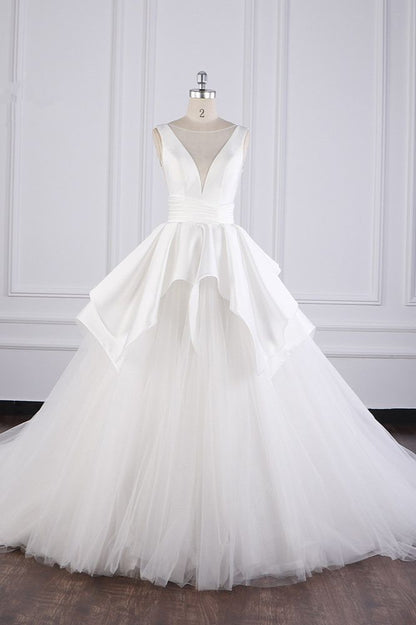 Princess Ball Gown V Neck White Satin Tulle Long Wedding Dress GG2982