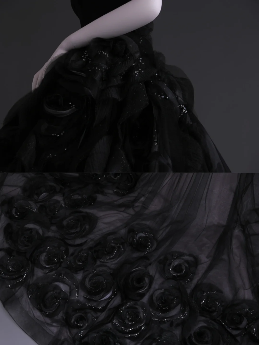 Vestido de novia largo de satén y tul con flores, sin tirantes, color negro, GG2999