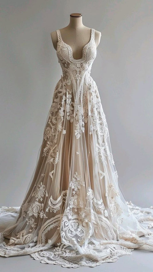 Vintage A Line Spaghetti Straps Tulle Applique Long Wedding Dress GG3003