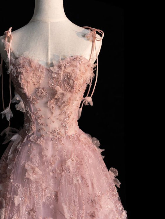 Princess  A Line Spaghetti Straps Tulle Applique Long Wedding Dress GG3008
