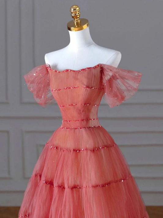Vestido de fiesta largo de tul con cuentas en color melocotón oscuro, corte A, hombros descubiertos, vestido de noche GG300