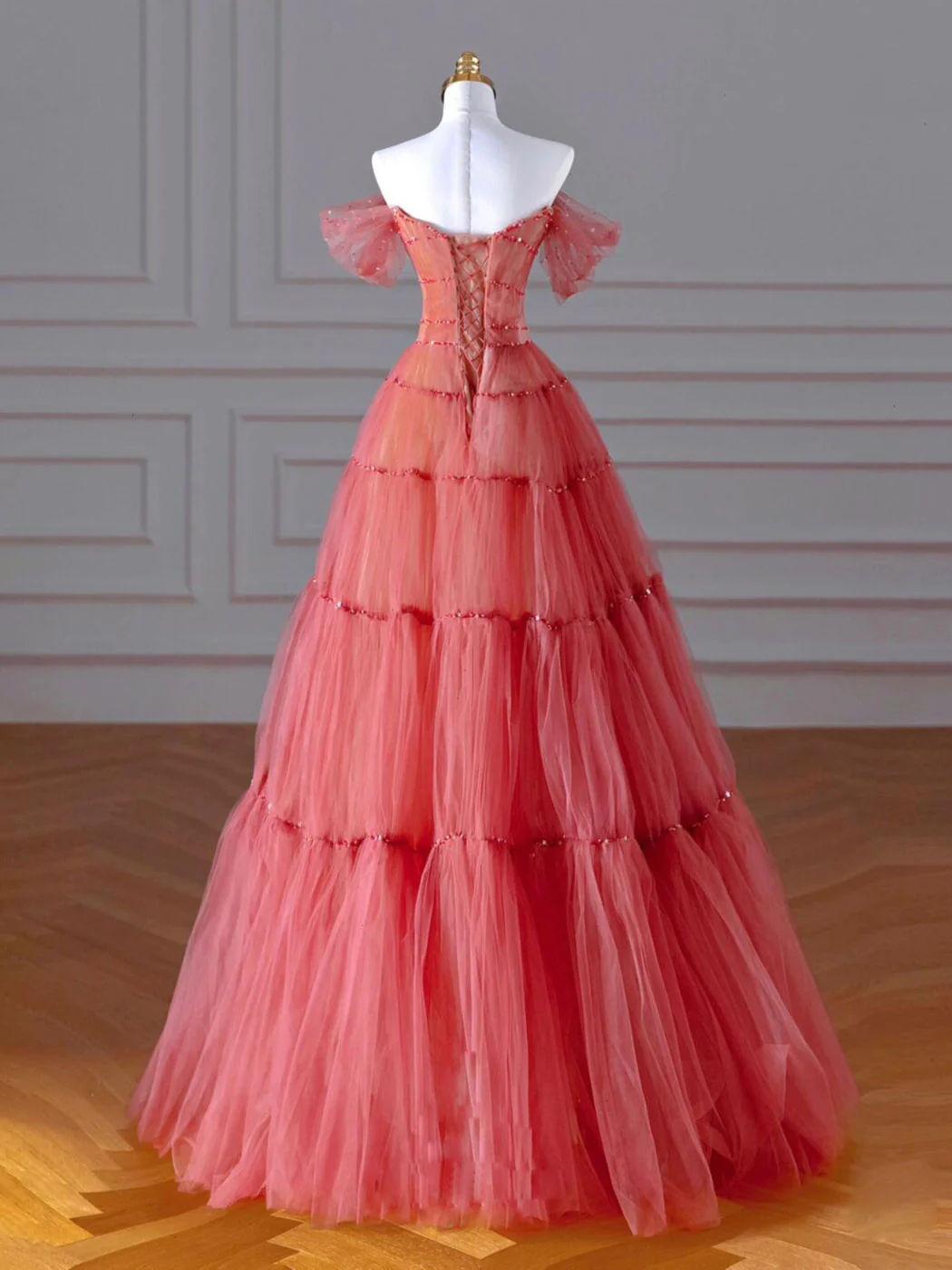 Vestido de fiesta largo de tul con cuentas en color melocotón oscuro, corte A, hombros descubiertos, vestido de noche GG300