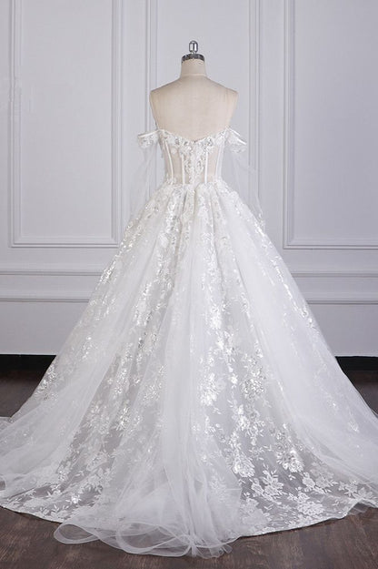 Timeless A Line Off The Shoulder White Tulle Applique Long Sleeves Long Wedding Dress GG3011