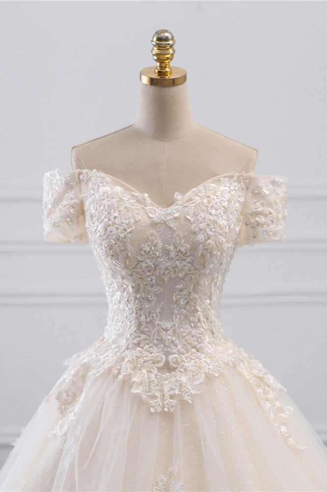 Classy Elegant A Line Off The Shoulder Light Champagne Tulle Applique With Train Short Sleeves Long Wedding Dress GG3012
