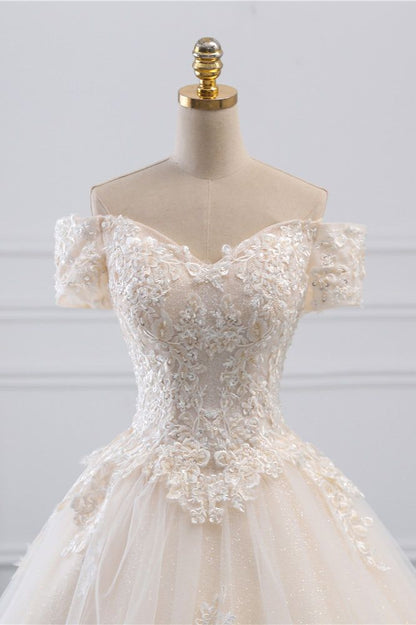 Classy Elegant A Line Off The Shoulder Light Champagne Tulle Applique With Train Short Sleeves Long Wedding Dress GG3012