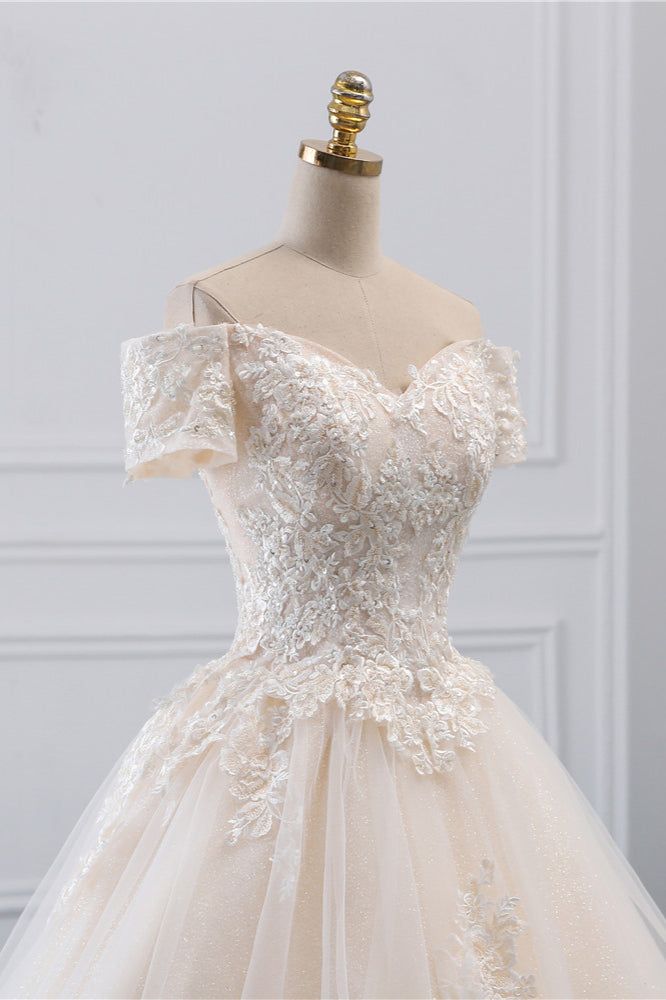 Classy Elegant A Line Off The Shoulder Light Champagne Tulle Applique With Train Short Sleeves Long Wedding Dress GG3012