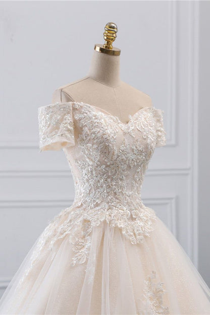 Classy Elegant A Line Off The Shoulder Light Champagne Tulle Applique With Train Short Sleeves Long Wedding Dress GG3012