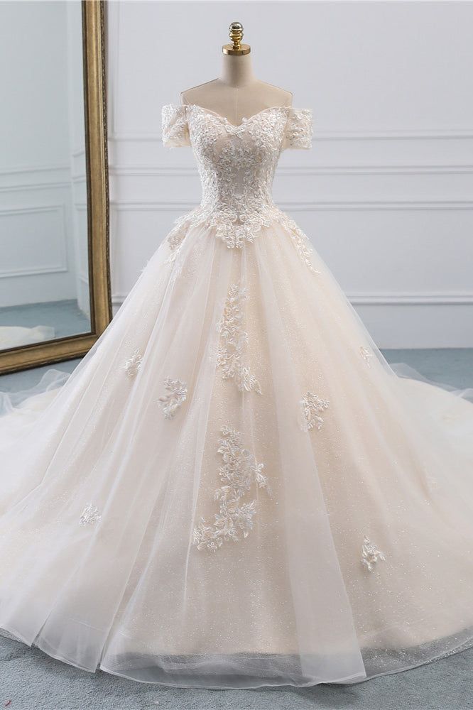 Classy Elegant A Line Off The Shoulder Light Champagne Tulle Applique With Train Short Sleeves Long Wedding Dress GG3012