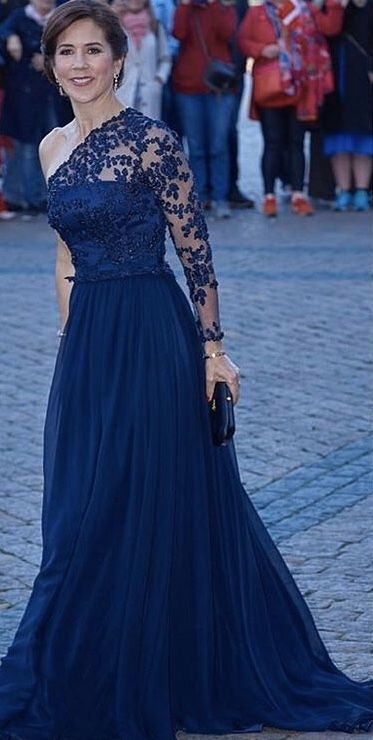 Vestido de noche para madre de la novia, de un solo hombro, corte en A, con apliques de tul azul marino y mangas largas, GG3014
