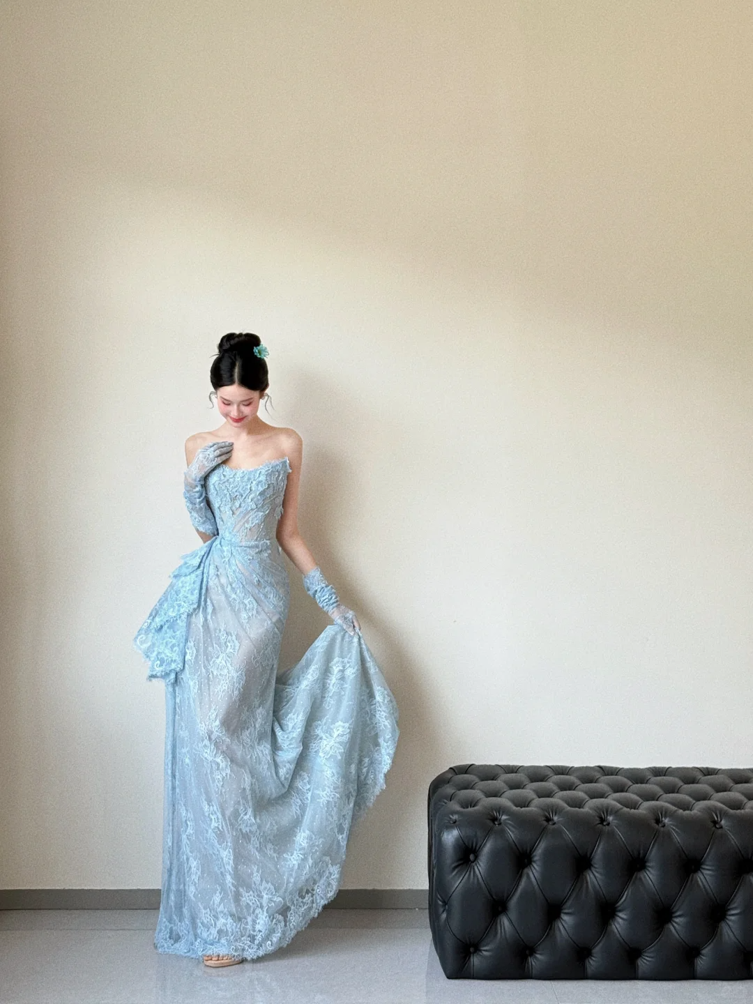 Vestido de fiesta vintage de sirena sin tirantes, de encaje azul pálido, largo, para graduación, noche, GG3036