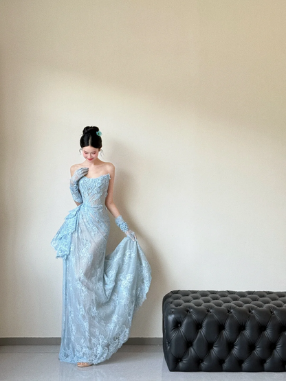 Vestido de fiesta vintage de sirena sin tirantes, de encaje azul pálido, largo, para graduación, noche, GG3036