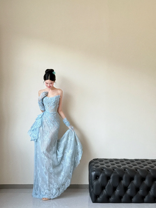 Vestido de fiesta vintage de sirena sin tirantes, de encaje azul pálido, largo, para graduación, noche, GG3036