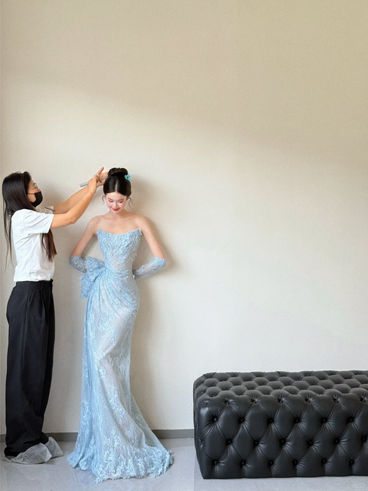Vestido de fiesta vintage de sirena sin tirantes, de encaje azul pálido, largo, para graduación, noche, GG3036