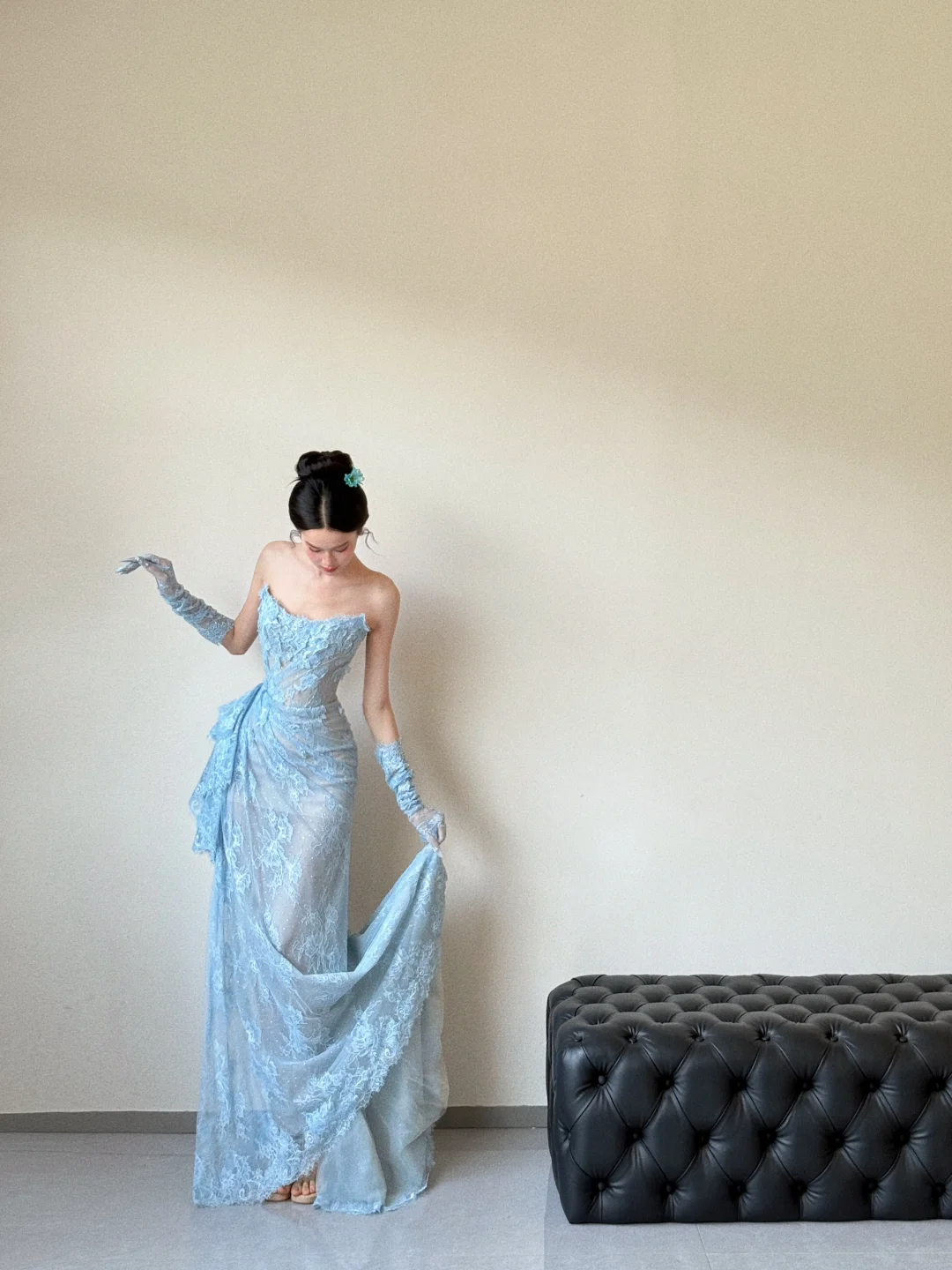Vestido de fiesta vintage de sirena sin tirantes, de encaje azul pálido, largo, para graduación, noche, GG3036