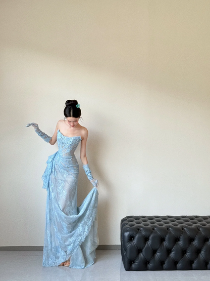 Vestido de fiesta vintage de sirena sin tirantes, de encaje azul pálido, largo, para graduación, noche, GG3036