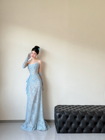 Vestido de fiesta vintage de sirena sin tirantes, de encaje azul pálido, largo, para graduación, noche, GG3036