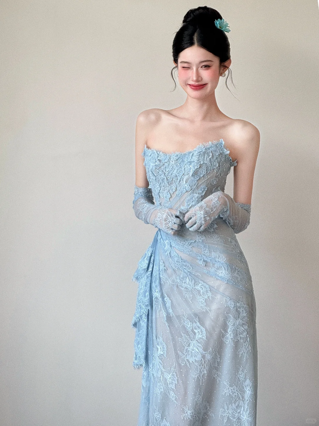 Vestido de fiesta vintage de sirena sin tirantes, de encaje azul pálido, largo, para graduación, noche, GG3036