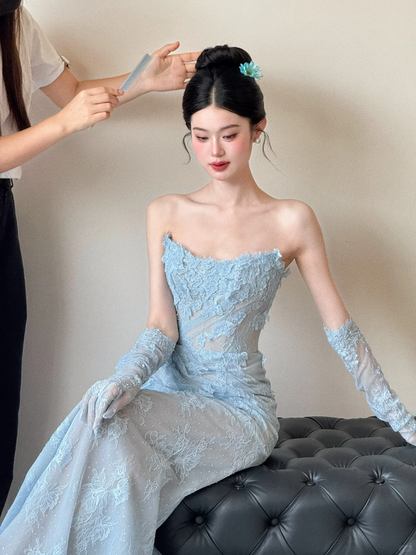 Vestido de fiesta vintage de sirena sin tirantes, de encaje azul pálido, largo, para graduación, noche, GG3036