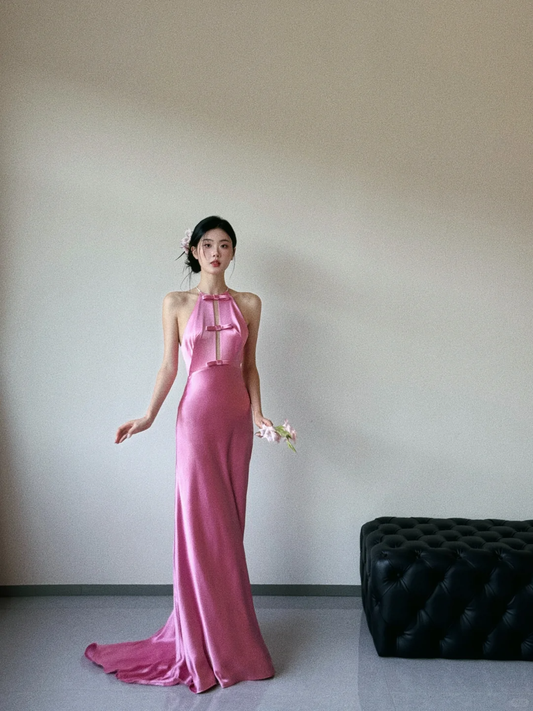 Vestido de fiesta, de noche y de graduación, de satén de seda rosa, con escote halter y corte sirena, GG3037