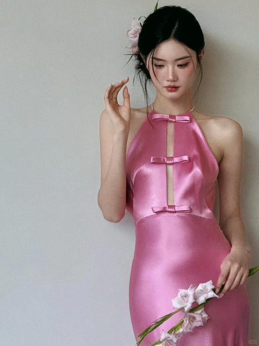 Vestido de fiesta, de noche y de graduación, de satén de seda rosa, con escote halter y corte sirena, GG3037