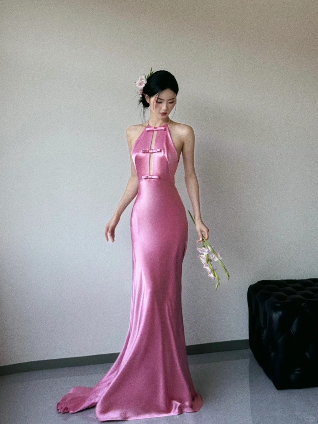 Vestido de fiesta, de noche y de graduación, de satén de seda rosa, con escote halter y corte sirena, GG3037