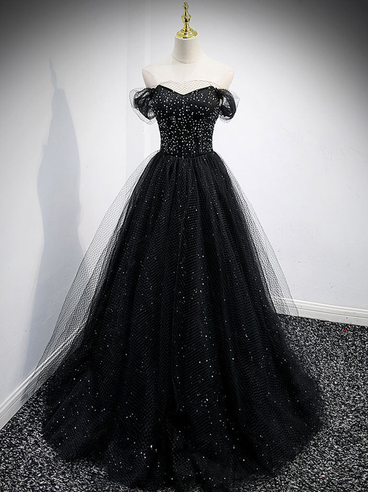 Vestido de fiesta largo de tul negro con cuentas y hombros descubiertos, corte A brillante, vestido de noche GG303