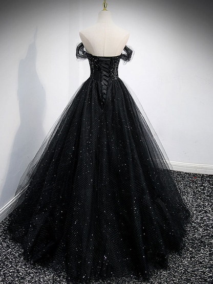 Vestido de fiesta largo de tul negro con cuentas y hombros descubiertos, corte A brillante, vestido de noche GG303