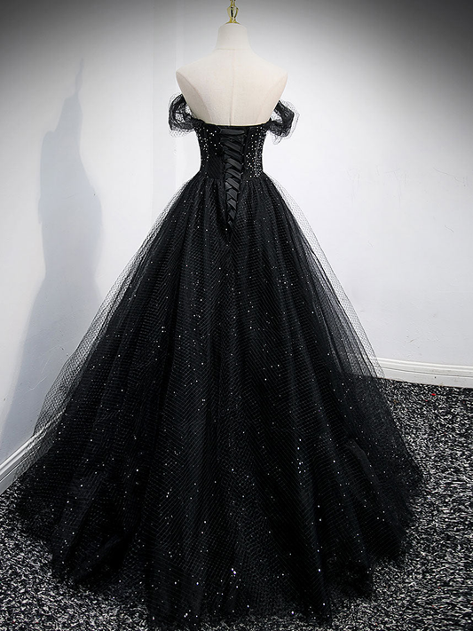 Vestido de fiesta largo de tul negro con cuentas y hombros descubiertos, corte A brillante, vestido de noche GG303