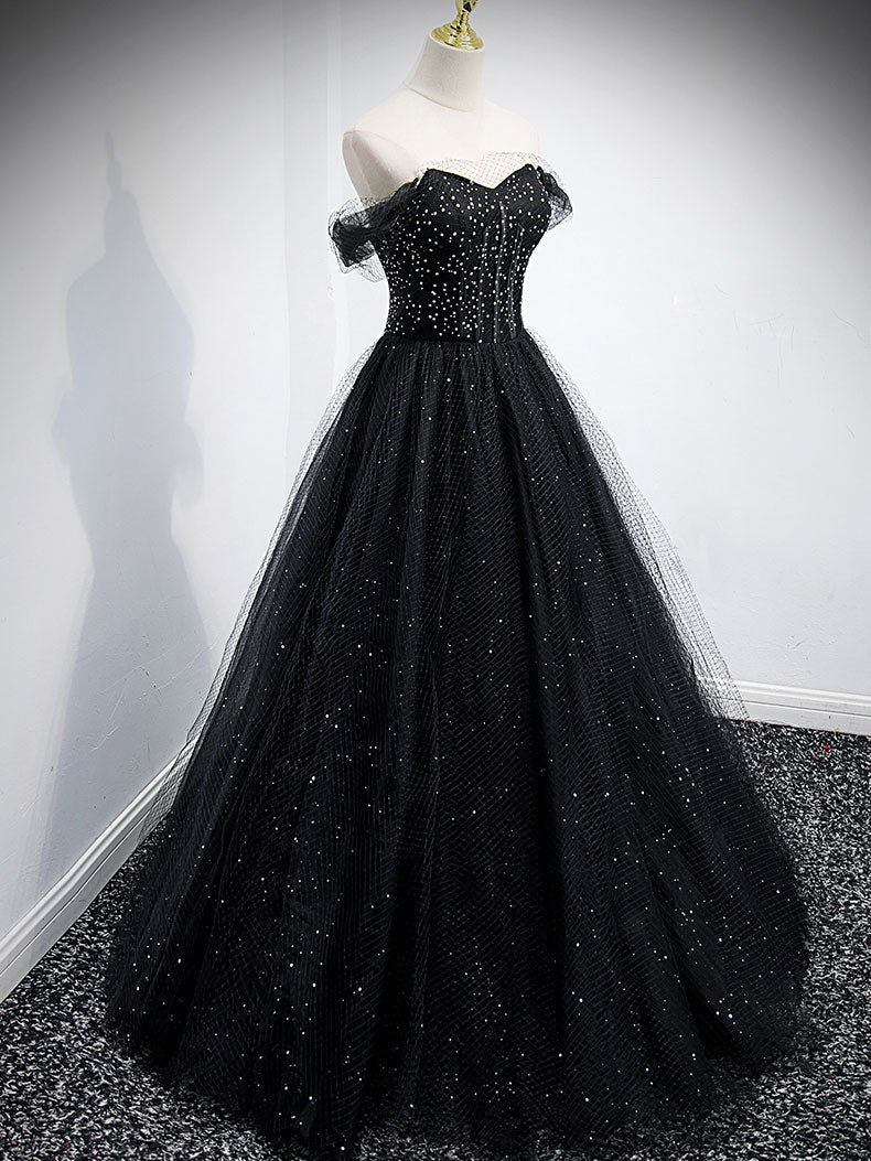 Vestido de fiesta largo de tul negro con cuentas y hombros descubiertos, corte A brillante, vestido de noche GG303