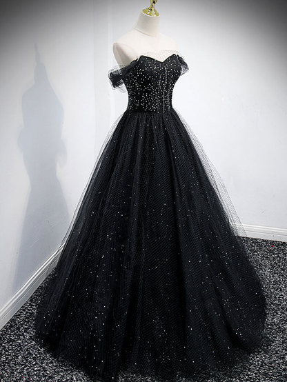 Vestido de fiesta largo de tul negro con cuentas y hombros descubiertos, corte A brillante, vestido de noche GG303