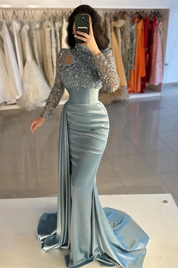 Precioso vestido de noche para madre de la novia, corte sirena, de satén, con cuentas y mangas largas, GG3045