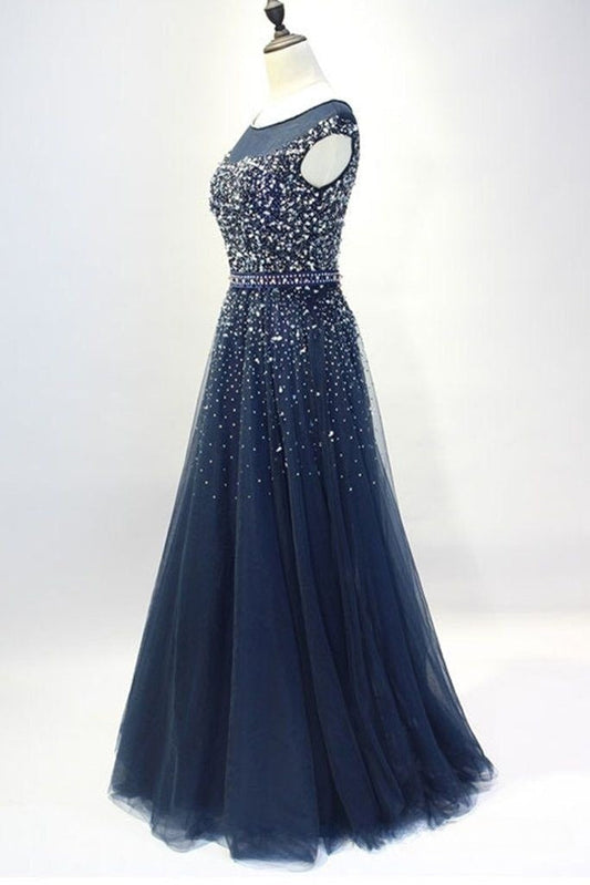 Vestido largo azul marino de tul con cuentas para madre de la novia, corte A, vestido de noche GG3046