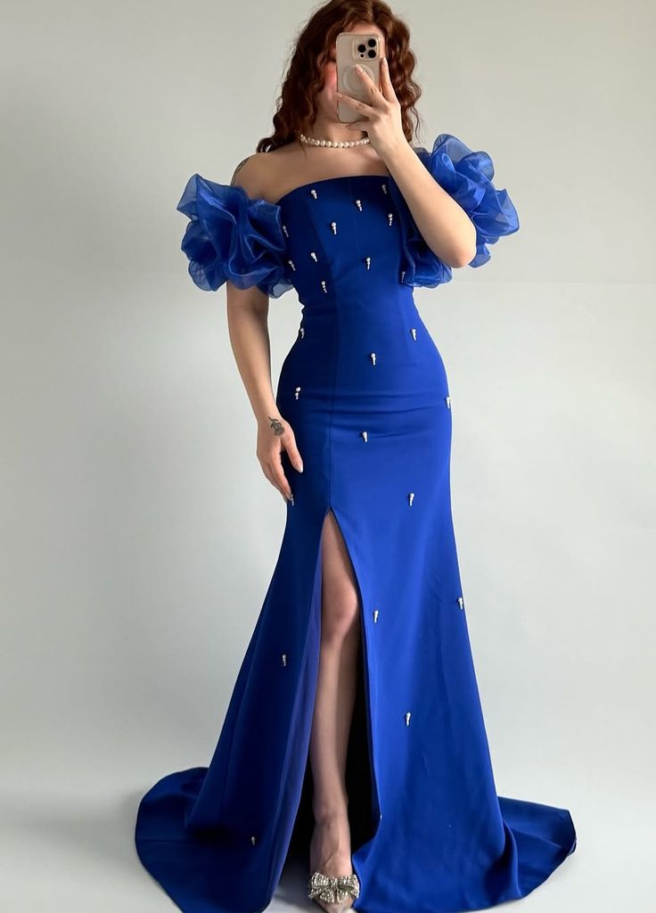 Unique Mermaid Off The Shoulder Royal Blue Satin Beaded Slit Long Mother Of Bride Dress,Evening Dress GG3055